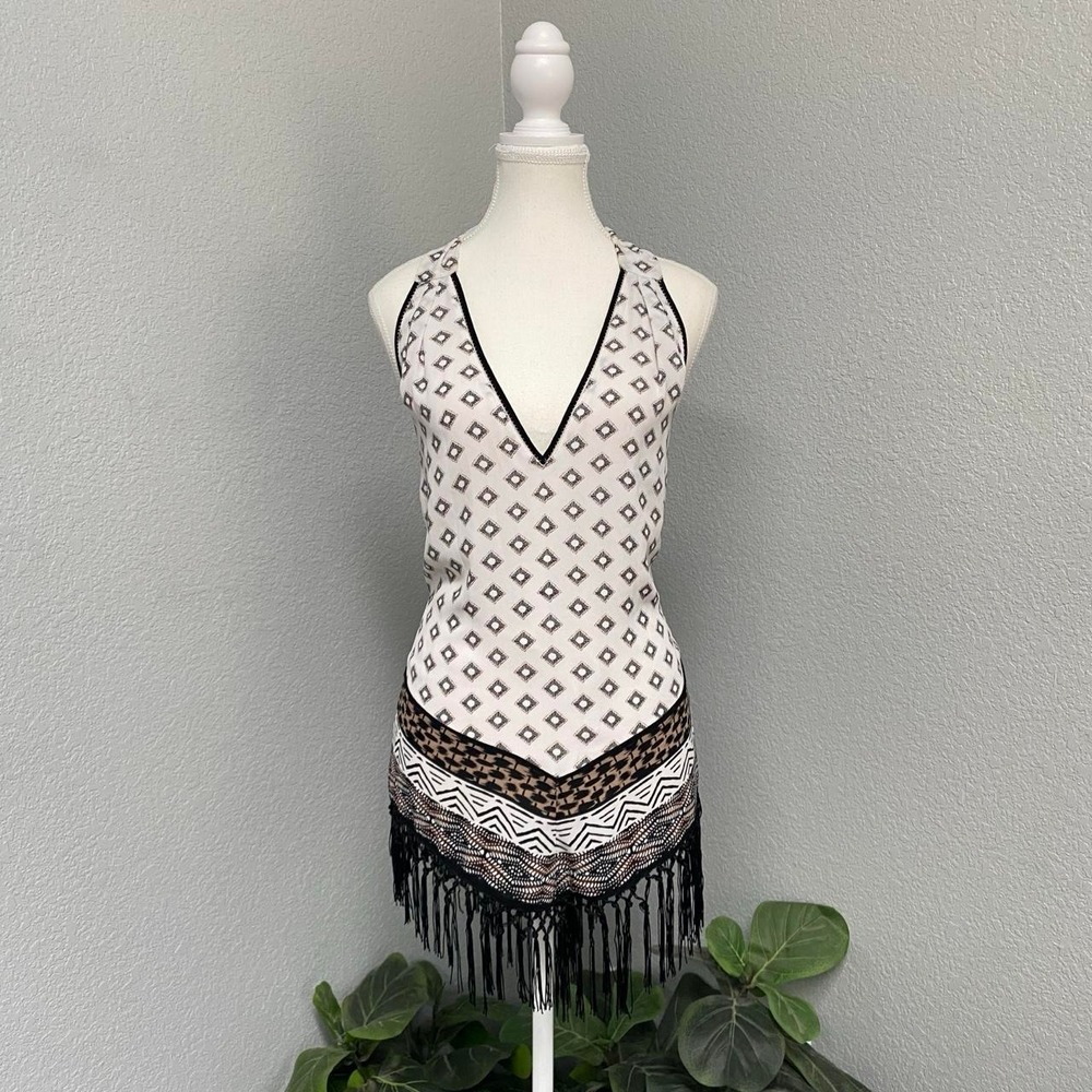 WHITE HOUSE BLACK MARKET GEOMETRIC HALTER TOP FRINGE TASSEL WHITE BLACK BROWN